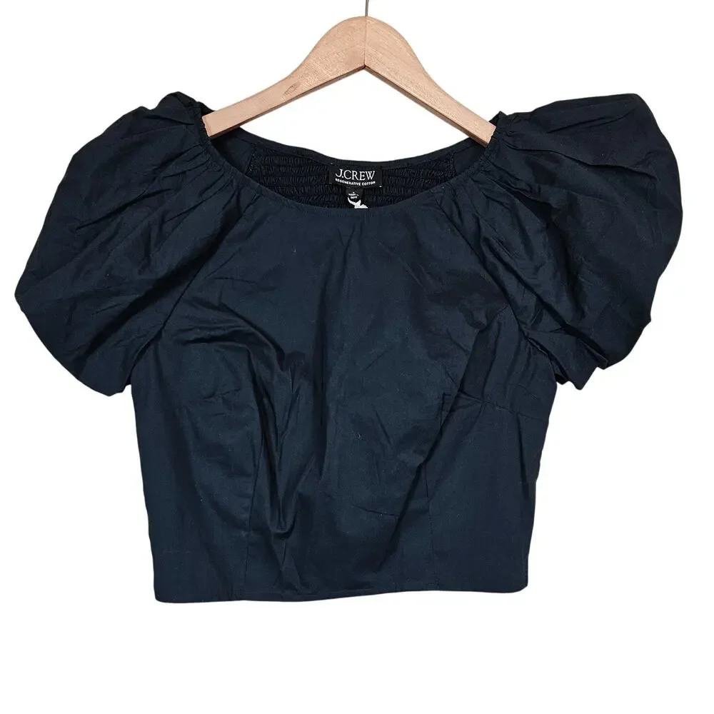 J Crew Puff Sleeve Cropped Top 100% Cotton Poplin Navy Women's‎ Size 4 Summer